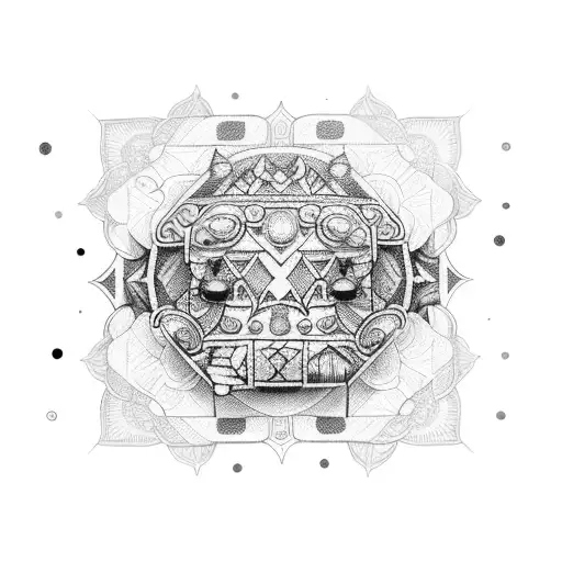 Combine dotwork and blackwork techniques to create an intricate tattoo of a vintage suitcase adorned with travel stickers, representing the traveler's passion for collecting memories and experiences from around the world. tattoo design idea