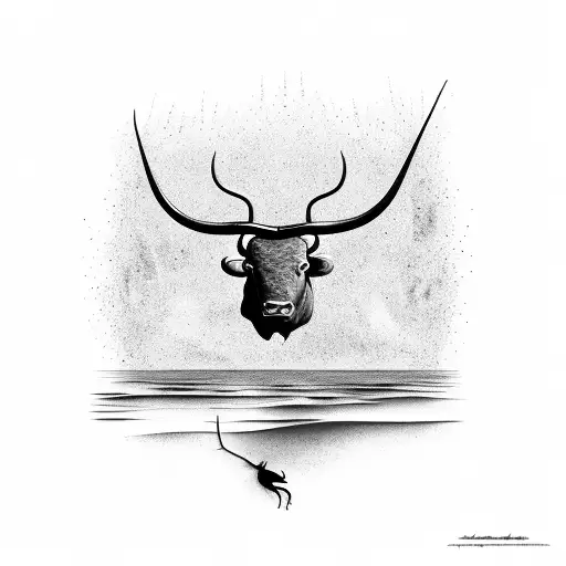 Bull in forest scenery, natural scale made from fallen tree and a scorpion on the water edge tattoo design idea