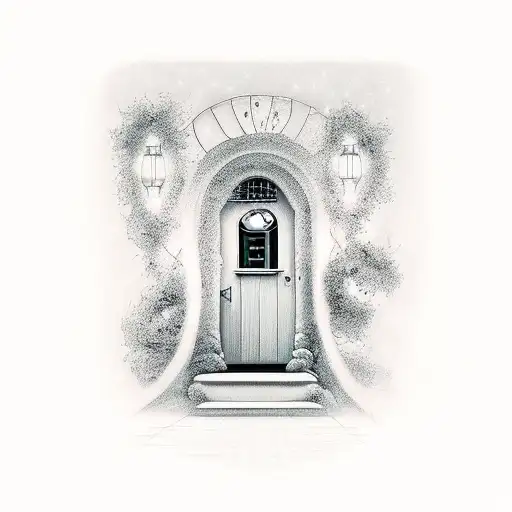 A tatoo design, where there is a home with the door opened and lights coming out of the door, surrounded of darkness and tattoo design idea