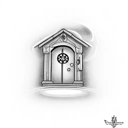 A tatoo design, where there is a home with the door opened and lights coming out of the door, surrounded of darkness and tattoo design idea