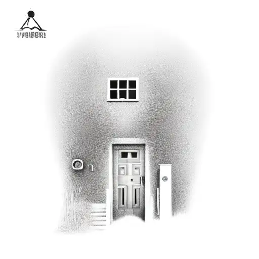 A tatoo design, where there is a home with the door opened and lights coming out of the door, surrounded of darkness and tattoo design idea