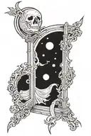 A moon over a ghost over a door open in gothic style  tattoo design idea