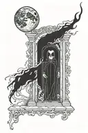 A moon over a ghost over a door open in gothic style  tattoo design idea