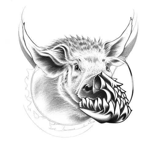wild hog with nose ring stepping on skull fire in backround tattoo design idea