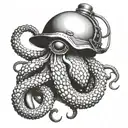 A realistic octopus wrapping its tentacles around a military helmet and a fishing net tattoo design idea