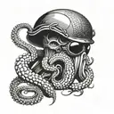 A realistic octopus wrapping its tentacles around a military helmet and a fishing net tattoo design idea