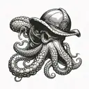 A realistic octopus wrapping its tentacles around a military helmet and a fishing net tattoo design idea