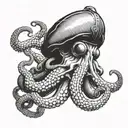 A realistic octopus wrapping its tentacles around a military helmet and a fishing net tattoo design idea