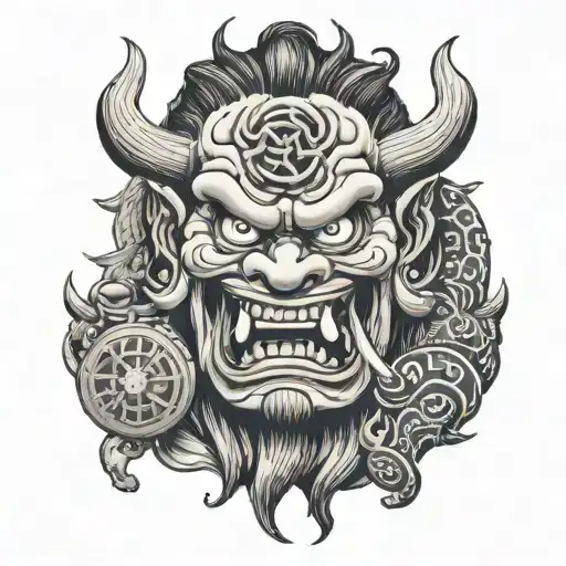 Japanese Oni with a compass in it's mouth open tattoo design idea