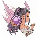 black straight hair latina girl with pink highlights dressed in black holding a purple orb valorant reyna tattoo design idea