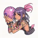black straight hair latina girl with pink highlights dressed in black holding a purple orb valorant reyna tattoo design idea
