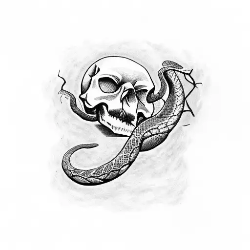 A dotwork tattoo of a snake slithering through a tattoo design of a skull tattoo design idea