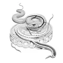 A dotwork tattoo of a snake wrapped around a tattoo machine tattoo design idea