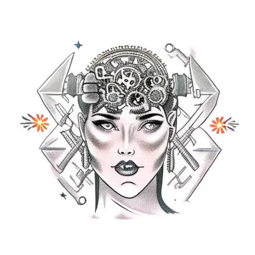 A girl with a headscarf sitting on a throne made of gears and bolts, with Zeus and Hades standing on either side, and aliens flying above tattoo design idea