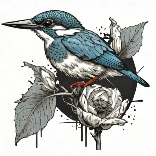 a kingfisher perched on a poppy flower blooming, only the poppy has colour (red), the kingfisher remains in b&w tattoo design idea