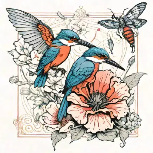 a kingfisher and a wheel bug perched on a poppy flower blooming, only the poppy has colour (red) tattoo design idea