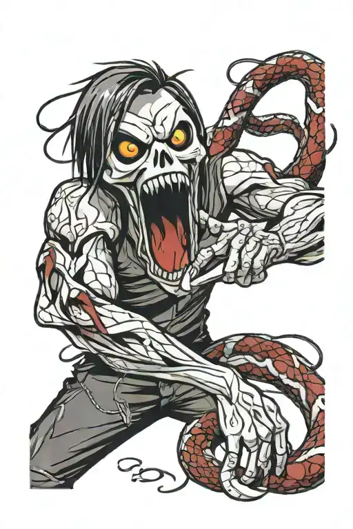 scream holding a bloody knife with a snake wrapped around his arm tattoo design idea