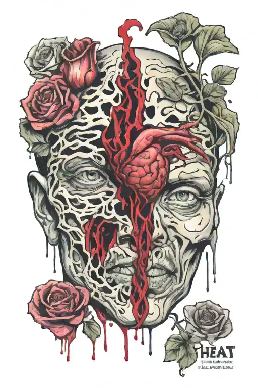 a heat broken in half with a sad teared up face with the words  "Tears come from the heart and not from the brain." tattoo design idea