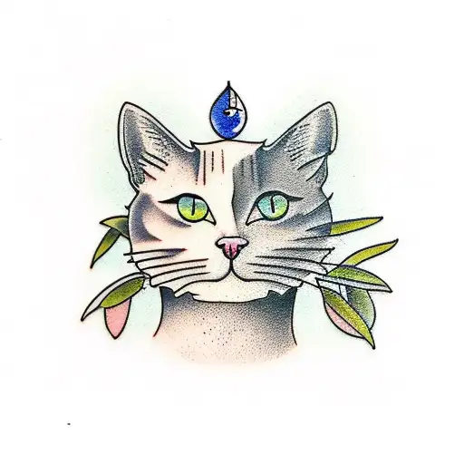 cat on the olive branch tattoo design idea
