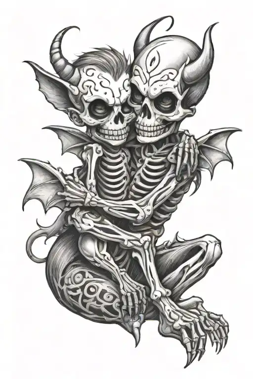 skeleton devil hugging a smiling lovely baby boy  tattoo design idea