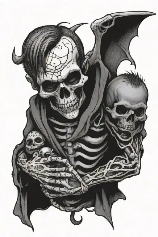skeleton devil hugging a normal human baby boy tattoo design idea