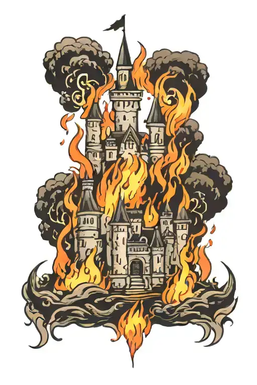 castle on fire tattoo design idea