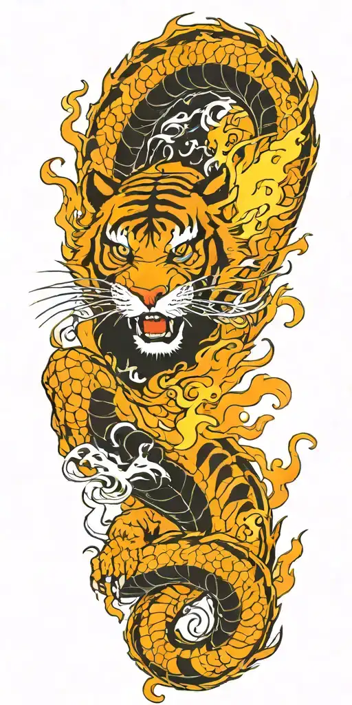 fire tiger fighting water dragon tattoo design idea