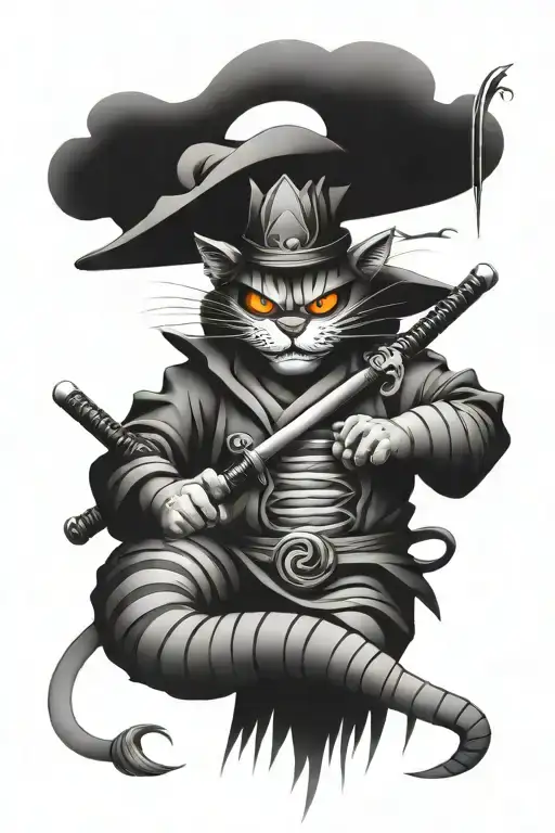 cheshire cat samurai warrior tattoo design idea