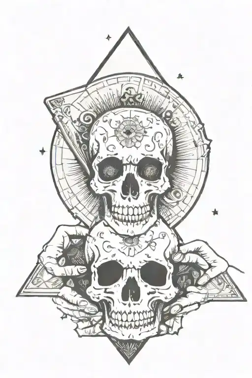 two hands cupped holding 3 tarot cards that have skulls, swords, and magic on them. all of this inside the iris of eye tattoo design idea