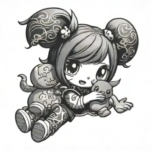 sanrio manga girl with kuromi doll holding tattoo design idea