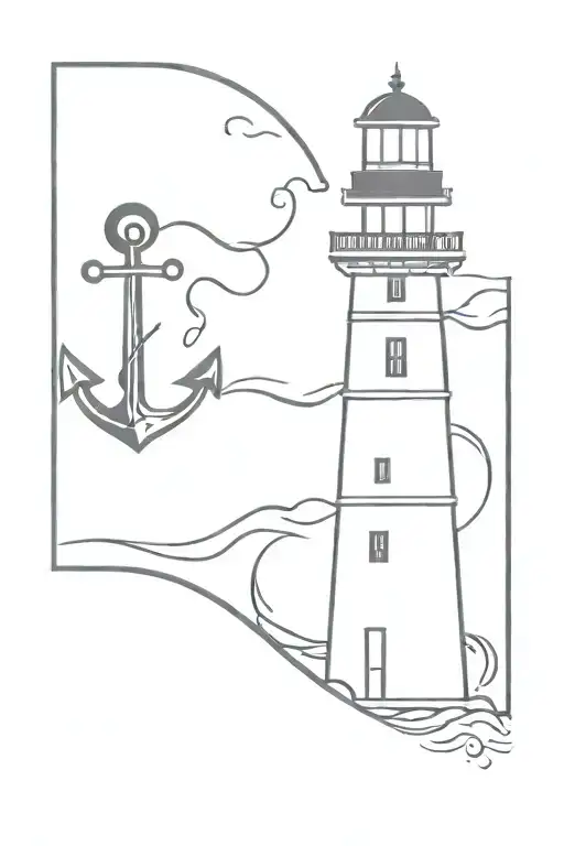 a lighthouse and an anchor with the letters F and E form tattoo design idea