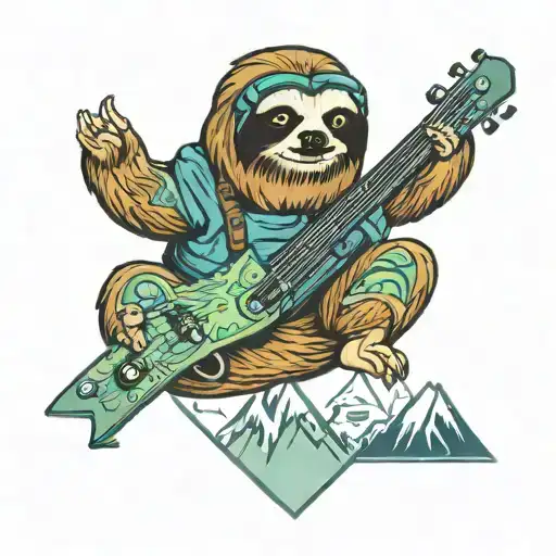 sloth with goggles snowboarding, guitar strings, abstract running man, camping equipment, mountains, architecture tattoo design idea