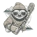sloth with goggles snowboarding, guitar strings, abstract running man, camping equipment, mountains, architecture tattoo design idea