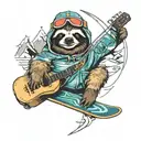 sloth with goggles snowboarding, guitar strings, abstract running man, camping equipment, mountains, architecture tattoo design idea