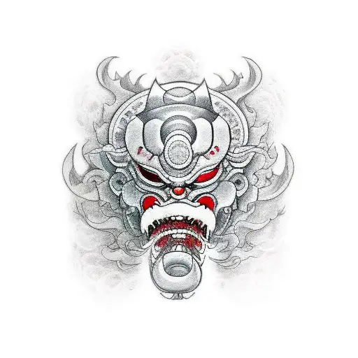 Incorporate sketch/drawing tools into a Japanese oni mask design tattoo design idea