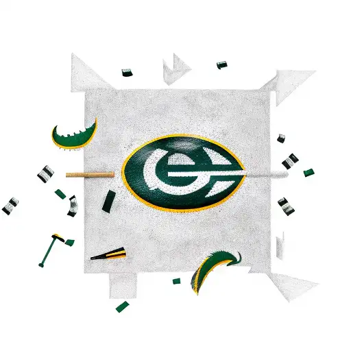 A new-school tattoo of a Green Bay Packers logo morphing into a football field, with musical instruments scattered around tattoo design idea