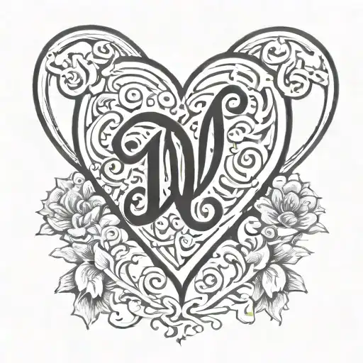 heart with initials E W m joined together tattoo design idea