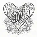 heart with initials E W m joined together tattoo design idea