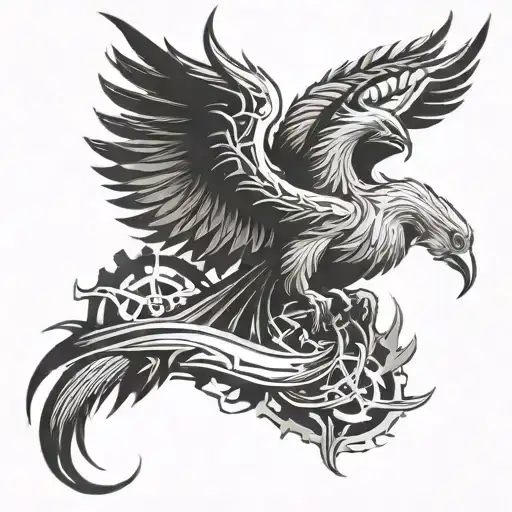 Incorporate a phoenix rising from the flames symbolizing freedom and rebirth, with a subtle nod to engineering tools like gears or blueprints tattoo design idea