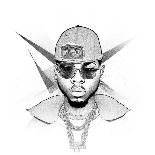 Create a portrait of a famous rapper with intricate patterns in the background tattoo design idea