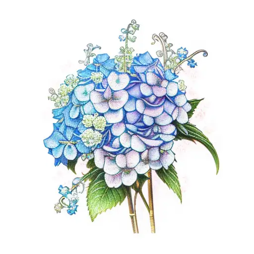 blue hydrangea, rose, carnation, lily of the valley tattoo design idea