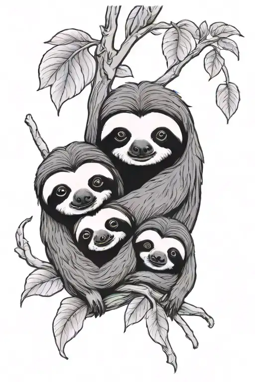 mom and baby sloths hanging in tree with leaves  tattoo design idea