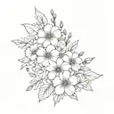 flower bouquet fine line black and grey with birth month flowers January, February, may, June, August, October, December tattoo design idea