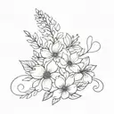 flower bouquet fine line black and grey with birth month flowers January, February, may, June, August, October, December tattoo design idea