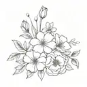 flower bouquet fine line black and grey with birth month flowers January, February, may, June, August, October, December tattoo design idea