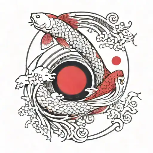 yin and yang koi fish with a red full moon and japanese tidal wave tattoo design idea