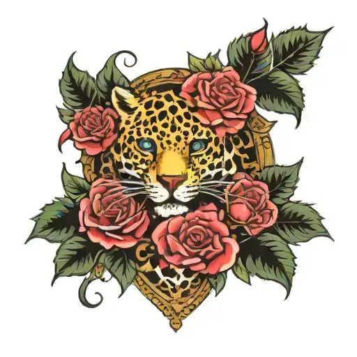 skulls, roses, leopard print, arabic text tattoo design idea