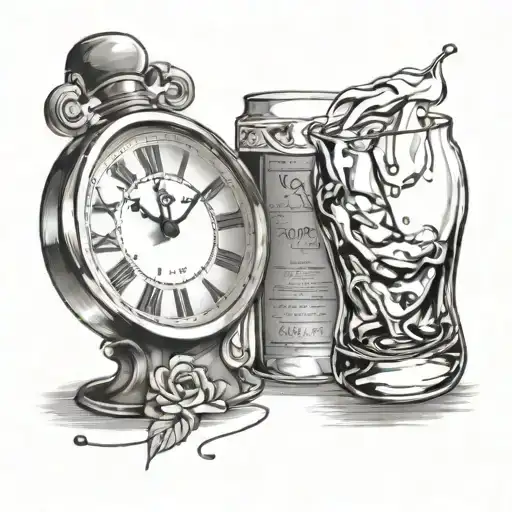 clock and chunky whiskey glass tattoo design idea