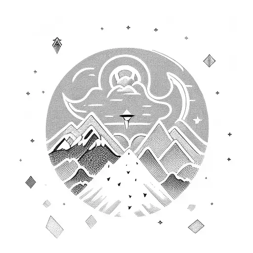 open book with 3 mountains and 3 stars coming out of it and a dragon flying out above it all tattoo design idea