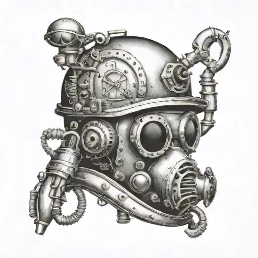 A detailed underwater scene featuring a traditional French diving helmet and tools, reflecting your occupation as a chaudronnier tattoo design idea